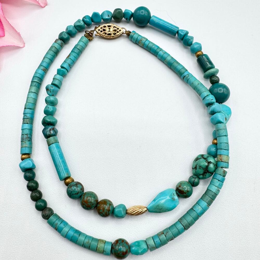 Turquoise Heishi Bead Necklace 14/20 Gold Fill Clasp Southwestern Boho Festival